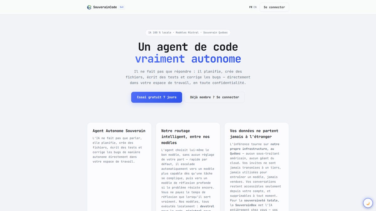Le bouton Essai gratuit sept jours sur l’accueil de SouverainCode